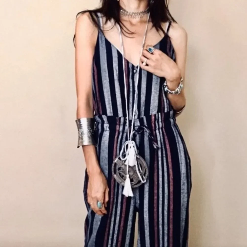 SPLENDID striped linen wide leg striped sleeveless button front jumpsuit